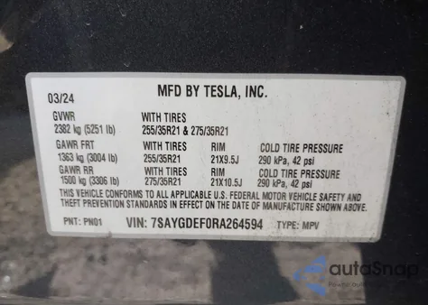 2024 Tesla Model Y Performance Dual Motor All-Wheel Drive из США, поврежденный, VIN 7SAYGDEF0RA264594